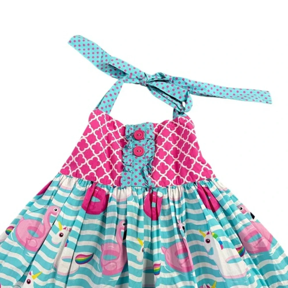 Eleanor Rose Daphne Dress Girls Size 7-8 Pink Teal Flamingo Unicorn Halter